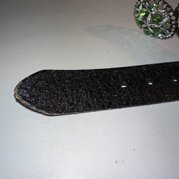 B-Low The Belt Black Leather Rhinestone Embossed Boho Belt Size 34 Floral Buckle - Picture 8 of 8